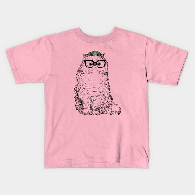 Hipster Cat Cat Kids T-Shirt by huebucket